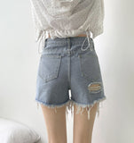 Summer Cutting Side Slit Ripped Denim Shorts