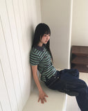 Dem Stripe Shirring PK Collar Short Sleeve T-Shirt