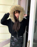 Rurin fluffy fur quilted short hood zip-up