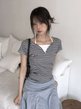 Isho Fake Layered Halter Stripe Button Short Sleeve T-shirt