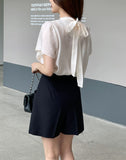 Ringo Pintuck Back Ribbon Short Sleeve Blouse