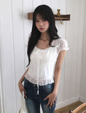 Neron Shirring Frill Ribbon Puff See-through Short Sleeve Blouse
