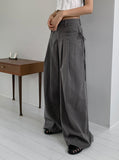 Haron Side Ribbon Strap Pintuck Long Wide Slacks