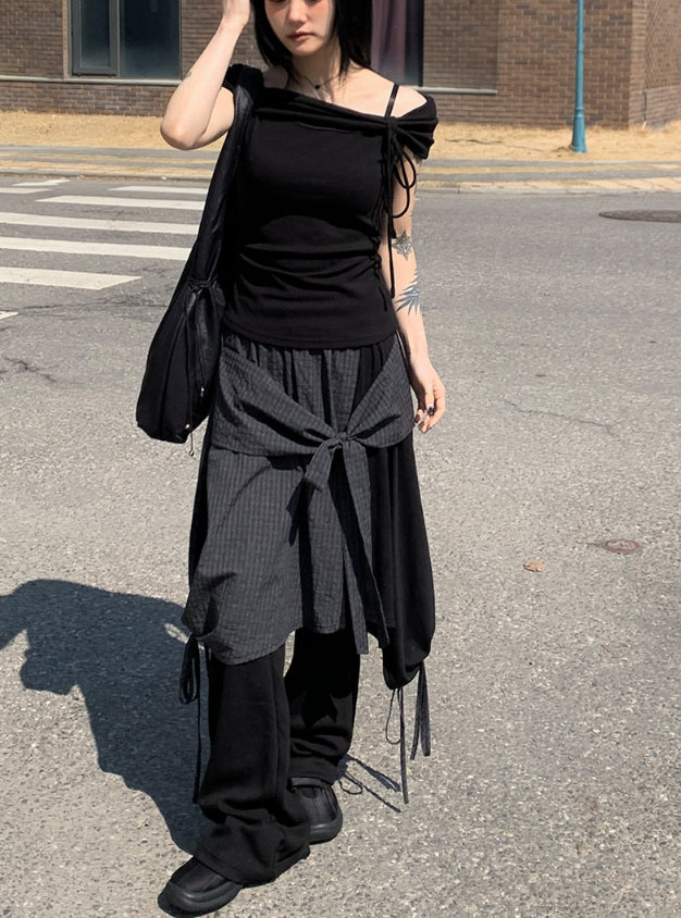 【Anyone more】Tujeu Check Wrap String Layered Skirt Anyone more】Tujeu Check Wrap String Layered Skirt Check