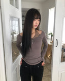 Hinb Halter Layered Button Long Sleeve T-shirt