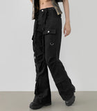 Waist Strap Low Waist Pocket Shirring Pin Tuck Wide Bootcut Pants