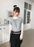 Moon round neck ribbon layered wool short sleeve knit