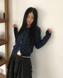 Derring Flower Round Neck Long Sleeve Knit Cardigan