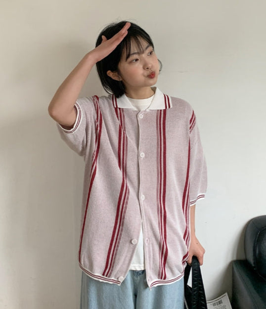 【BAON】[unisex] Hookend Summer Stripe Short Sleeve Cardigan BAON (バオン) - [男女兼用]フックエンドサマーストライプ半袖