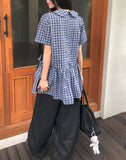 Purip Ribbon Strap Round Collar Check Mini One-Piece Dress