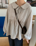 [BAONHAUS] Yokon Check Ribbon Shirring Blouse