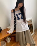 Elune Number Printed One-Off-Shoulder See-Through Long-Sleeve Knit