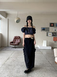 Minen Denim Off Shoulder Cropped Short Sleeve Blouse