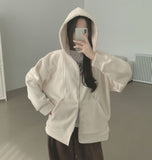 Loose Fit Two-Way Soft Embroidered Hood Zip-Up