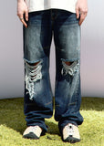 DAMAGE DART SEMI WIDE DENIM PANTS