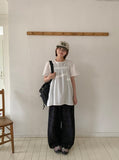 Cube Ribbon Cut Shirring Short Sleeve Blouse