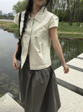 Lambs Button Collar Shirred Puff Blouse Shirt