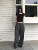Lafec Stripe Color Matching String Long Wide Pants