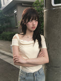 Dis Twist Strap Shoulder Lace Short Sleeve T-shirt