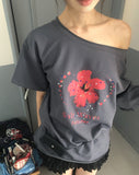 Rishu loose-fit flower-printed off-shoulder short-sleeved T-shirt