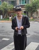 Don't Leather Knit Color Matching Hood Zip-Up