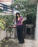 Dyeing V-neck Ribbon See-through Short Sleeve T-shirt
