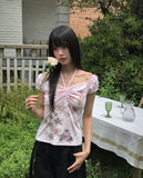 Rosen Flower Print Shirring Short Sleeve T-Shirt