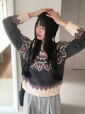 [Wool 10] Candle heart nordic color matching pattern round long sleeve knit