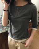 Fayu Flower Color Matching Button Three Quarter T-shirt