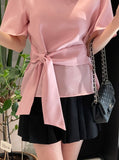 Eju Round Ribbon Strap Short Sleeve Blouse
