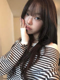 Boudin Stripe Loose Fit Off-Shoulder Button Knit