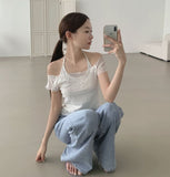 Flower Pattern Halterneck Sleeveless Short Sleeve Blouse Set