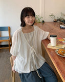 Nanako Summer Ribbon Puff Short Sleeve Bolero Knit Cardigan