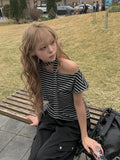 Scon Stripe Plain One-Shoulder Ribbon Short Sleeve T-Shirt