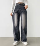 Elastic semi-wide washed denim pants XL Size