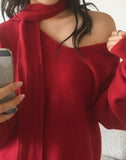 Culti V-Neck Off-Shoulder Muffler Knit Set