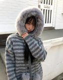 Levin Stripe Drop Knit Fur Hooded Cardigan