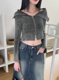 Elfu Gradient Two-Tone Off-Shoulder Ribbed Two-Way Long Sleeve Knitwear Zip-Up