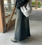 Ikoi Vintage Fringe Washed Denim Long Skirt