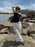 Nob Shirring Off-shoulder Ribbon Short Sleeve T-shirt