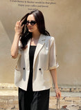 Poiyu Linen Double Button Three Quarter Length Jacket