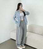 Color Matching Check Pastel Tone Loose Fit Long Sleeve Shirt