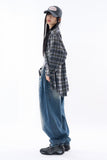 Deep side fold balloon denim pants