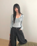 Sera Shirring Lace Ribbon Crop Long Sleeve Sleeveless Cardigan Set
