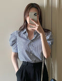 Nine Stripe Puff Short Sleeve Shirt Blouse