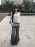 PT Diagonal Net One Shoulder Lip Neck Mesh Long Knit