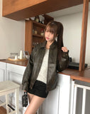 Minting Washing Cut Collar Loose Fit Leather Jacket