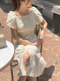 Ruckbell Square Neck Embroidered Tulip Pintuck Long One Piece