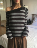[Brushed Lining] Knockin Stripe One Shoulder Unbalanced Knit T-shirt