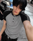 Color Matching Track Muscle Fit Henley Neck Short Sleeve Tee